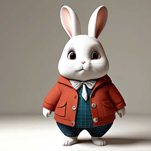 Home 11 **Image Prompt 1:** A chubby, innocent-looking cartoon rabbit with large, round eyes and cute ears, inspired by Kongji Rabbit. The rabbit is wearing stylish clothes and accessories, reflecting its popularity as a fashion statement. The background is a digital world, but the rabbit stands out as a symbol of simplicity.
