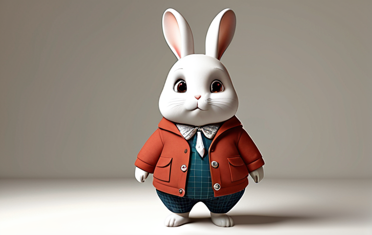 **Image Prompt 1:** A chubby, innocent-looking cartoon rabbit with large, round eyes and cute ears, inspired by Kongji Rabbit. The rabbit is wearing stylish clothes and accessories, reflecting its popularity as a fashion statement. The background is a digital world, but the rabbit stands out as a symbol of simplicity.