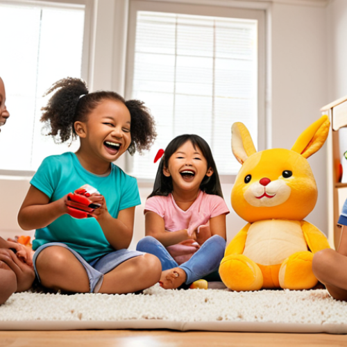 Home 6 ** A group of diverse children laughing and playing with Kongjileabbit plush toys in a brightly lit playroom. The scene should convey happiness and the universal appeal of the character.
**