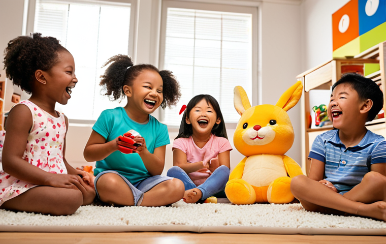 ** A group of diverse children laughing and playing with Kongjileabbit plush toys in a brightly lit playroom. The scene should convey happiness and the universal appeal of the character.
**