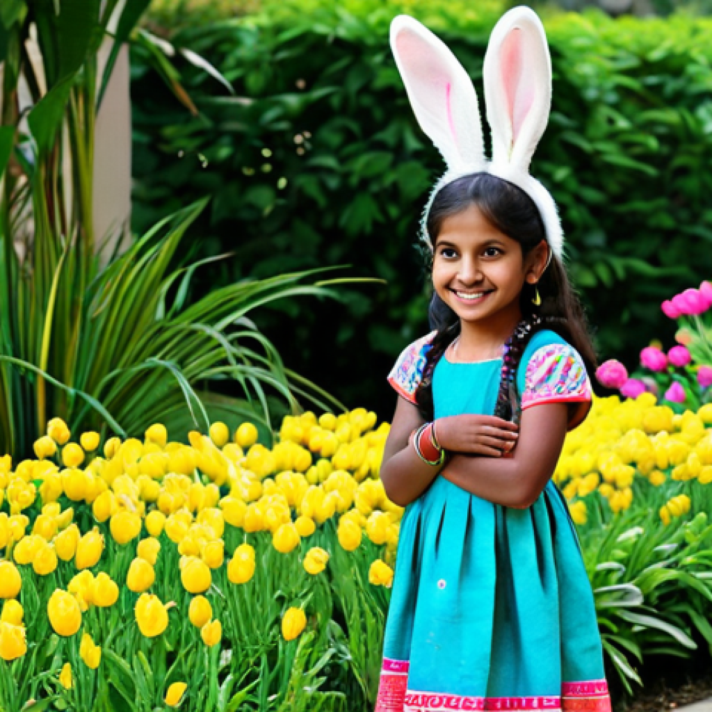 **
"A cheerful Indian girl (8 years old) wearing a Kangzi rabbit themed, fully clothed, modest dress with bright colors like pink, yellow, and blue. She is standing in a lush green garden with colorful flowers. Perfect anatomy, well-formed hands, proper finger count, natural body proportions. Safe for work, appropriate content, family-friendly, professional."
**