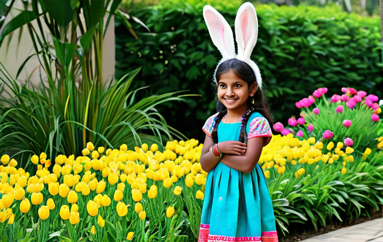 **

"A cheerful Indian girl (8 years old) wearing a Kangzi rabbit themed, fully clothed, modest dress with bright colors like pink, yellow, and blue. She is standing in a lush green garden with colorful flowers. Perfect anatomy, well-formed hands, proper finger count, natural body proportions. Safe for work, appropriate content, family-friendly, professional."

**