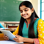 **Prompt:** "A happy young Indian girl, fully clothed in a colorful salwar kameez, learning math with 콩지래빗 on a tablet, sitting at a desk in a brightly lit classroom, appropriate content, safe for work, perfect anatomy, natural proportions, professional illustration, family-friendly."
