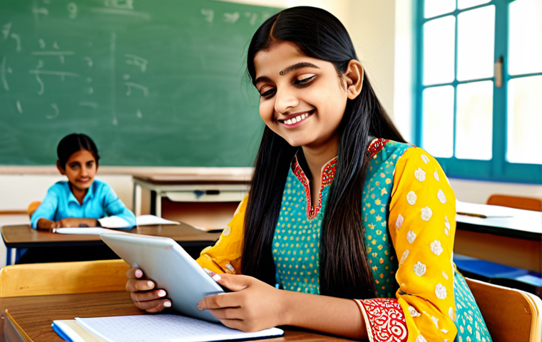 **Prompt:** "A happy young Indian girl, fully clothed in a colorful salwar kameez, learning math with 콩지래빗 on a tablet, sitting at a desk in a brightly lit classroom, appropriate content, safe for work, perfect anatomy, natural proportions, professional illustration, family-friendly."