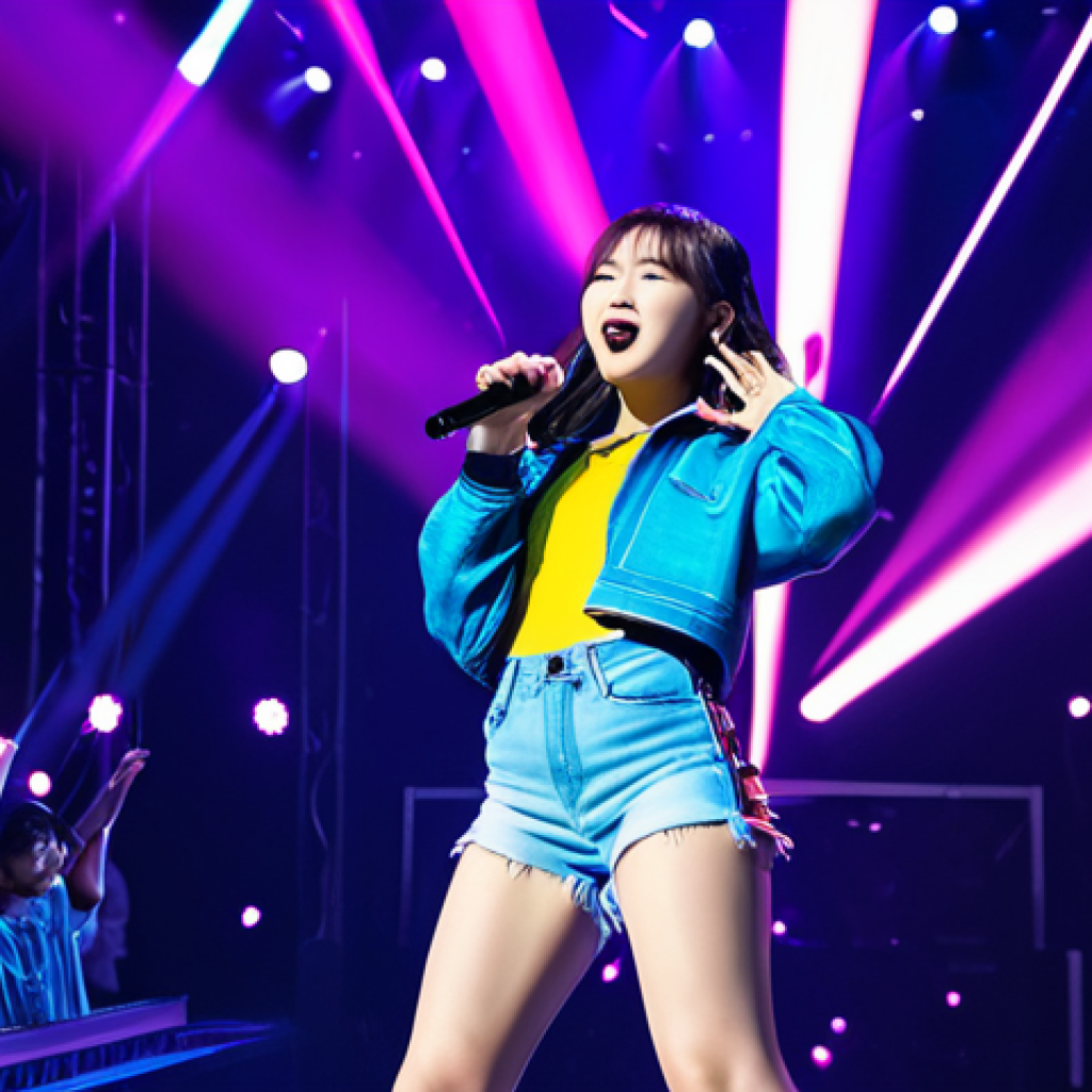 콩지래빗의 음악적 매력 - **Prompt:** 콩지 रैबिट on stage, performing a K-pop song, dynamic lighting, wearing unique fusion fash...